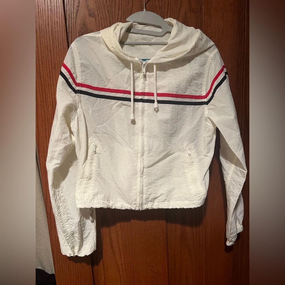 Pacsun White with Blue and Red Stripes Cropped Wind Breaker-Size Small